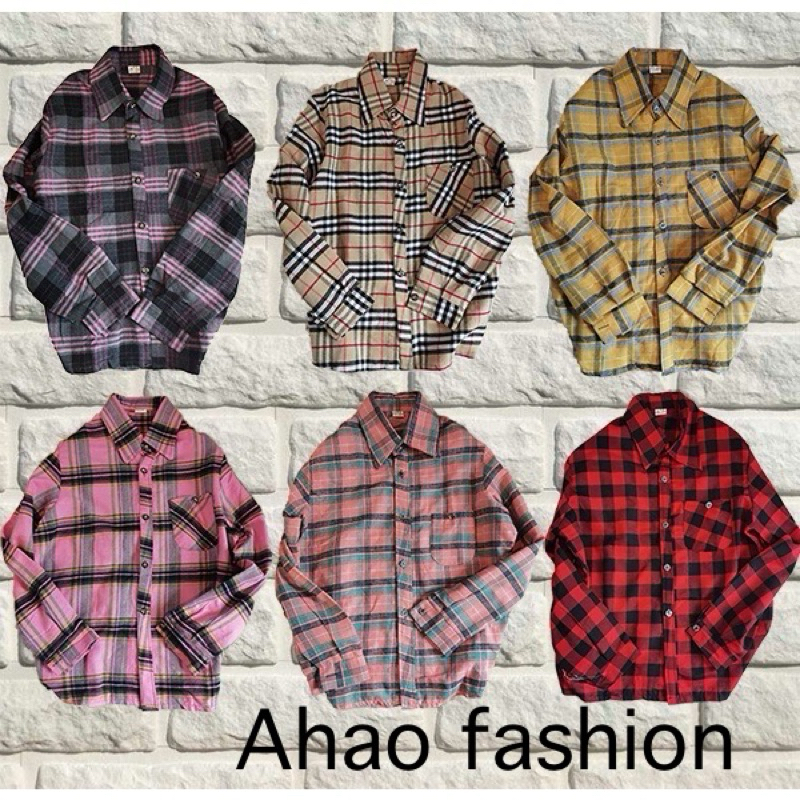 สินค้ามือหนึ่ง เสื้อเชิ้ตลายสก๊อตแขนยาว คอปก เสื้อทำงาน  สวมใส่ได้ทั้งชายและหญิง