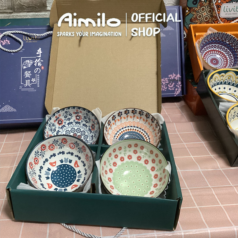 Aimilo shop ชุดถ้วยเซรามิกกว้าง4.5นิ้วหลายแบบหลายลายถ้วยกินข้าวมีตะเกียบ เข้าไมโครเวฟได้ ถ้วยกระเบื้อง ชาม