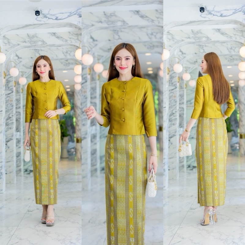 A02 ชุดไทยเรือนต้น สีเหลือง ลายขอ ชุดไทยเรือนต้น เสื้อ ผ้าถุง 📮