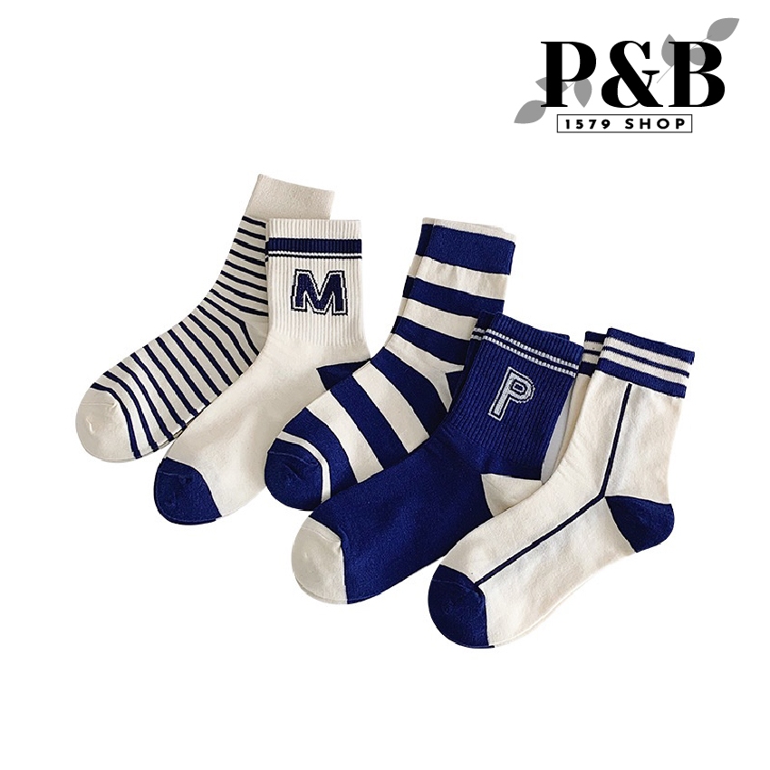 PB1579  ถุงเท้าข้อกลาง ผ้าฝ้าย แบบบาง ลายทาง สีกรมท่า