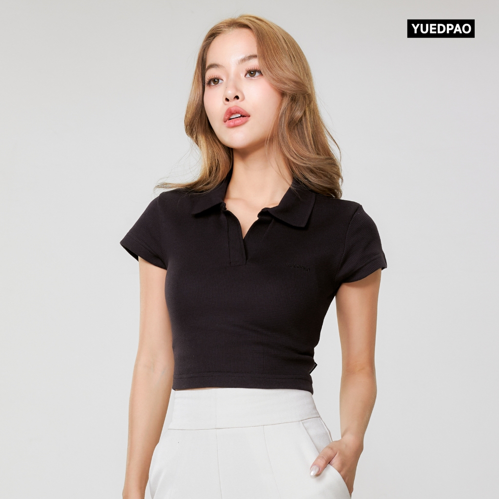 Yuedpao Polo Crop Waffle ผ้าหนาทรงสวย ยับยากรีดง่าย เสื้อยืดเปล่า เสื้อครอปโปโล สี Black