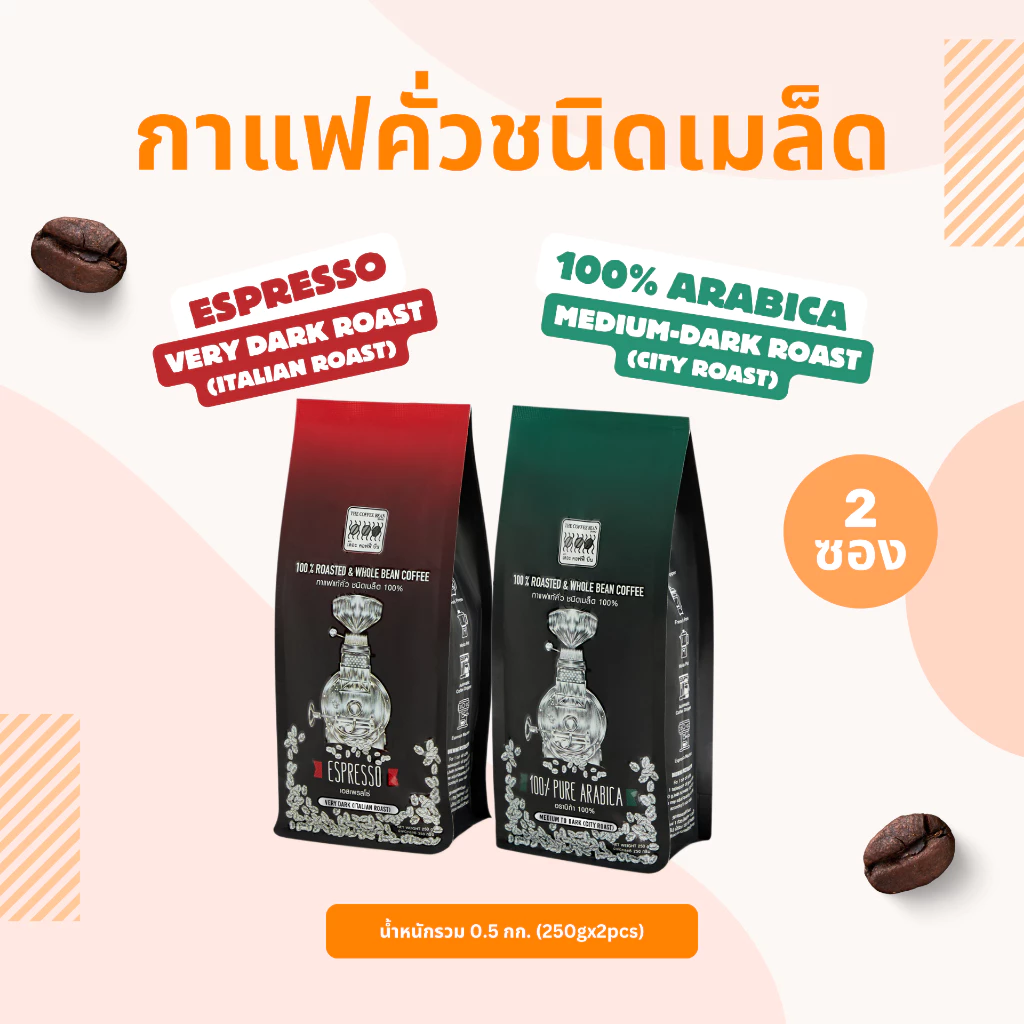 The Coffee Bean เมล็ดกาแฟคั่ว อราบิก้า 100% + เอสเพรสโซ (แพ็คคู่2รสชาติ) 250gx2 ซอง