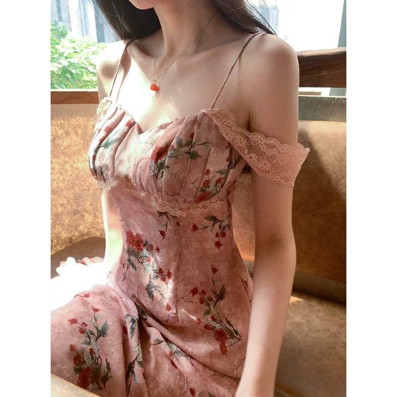 floral dress เดรสสีชมพู น่ารัก ไปทะเล ออกงาน เปิดไหล่ แฟชั่น ยาว เดรสเกาหลี ชุดราตรี