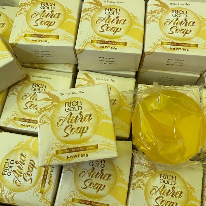 12 ก้อน สบู่ ริช โกลด์ น้ำผึ้ง ผสม คอลลาเจน รังไหม สิว ฝ้า ริ้วรอย Aura collagen rich gold soap 50 ก