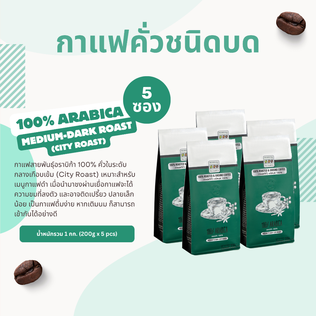 The Coffee Bean กาแฟคั่วบด อราบิก้า 100% (คั่วกลางเกือบเข้ม) 200กรัมx5ซอง (1kg)