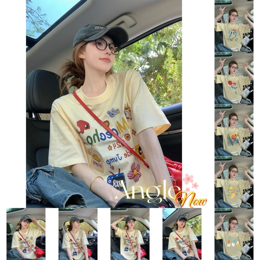 (จัดส่งตลอด 24 ชั่วโมง)Angle Official เสื้อยืดคอกลม แขนสั้น พิมพ์ลาย สีเหลืองนม ทรงหลวม แฟชั่นฤดูใบไม้ผลิ สําหรับผู้หญิง
