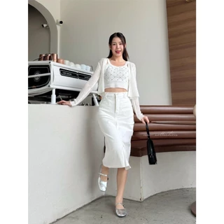 กระโปรงยาวยีนส์เอวสูงผ้าไม่ยืดสีพื้นฐานมีS-5XLถึงไซส์ใหญ่bigsize
