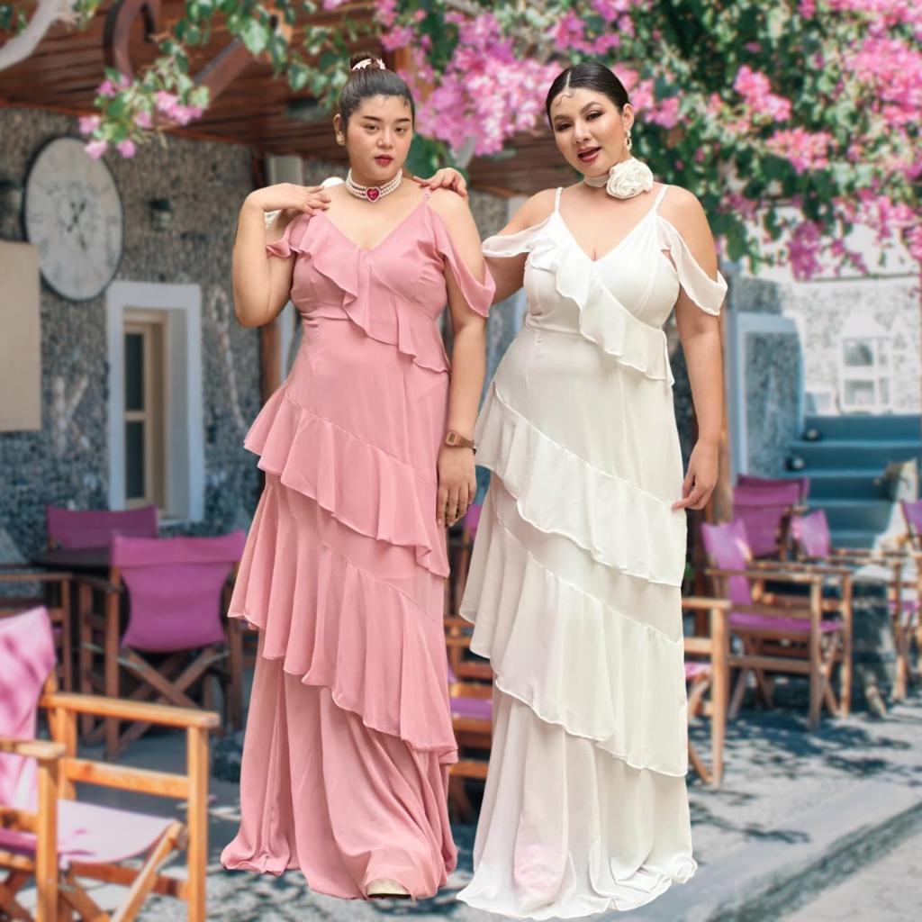 Plus size เดรสสายเดี่ยวชีฟองทรงเจ้าหญิง ใส่ออกงานของสาวอวบ 100KG กรุยกรายสุดหรู รุ่นเวนิการ์( F25)