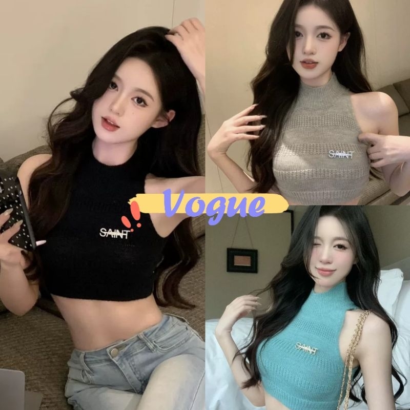 Vogue พร้อมส่ง เสื้อกล้ามแขนสั้นคอปกสูง เสื้อแขนกุดผ่าสะดือ ดีมาก (X018)