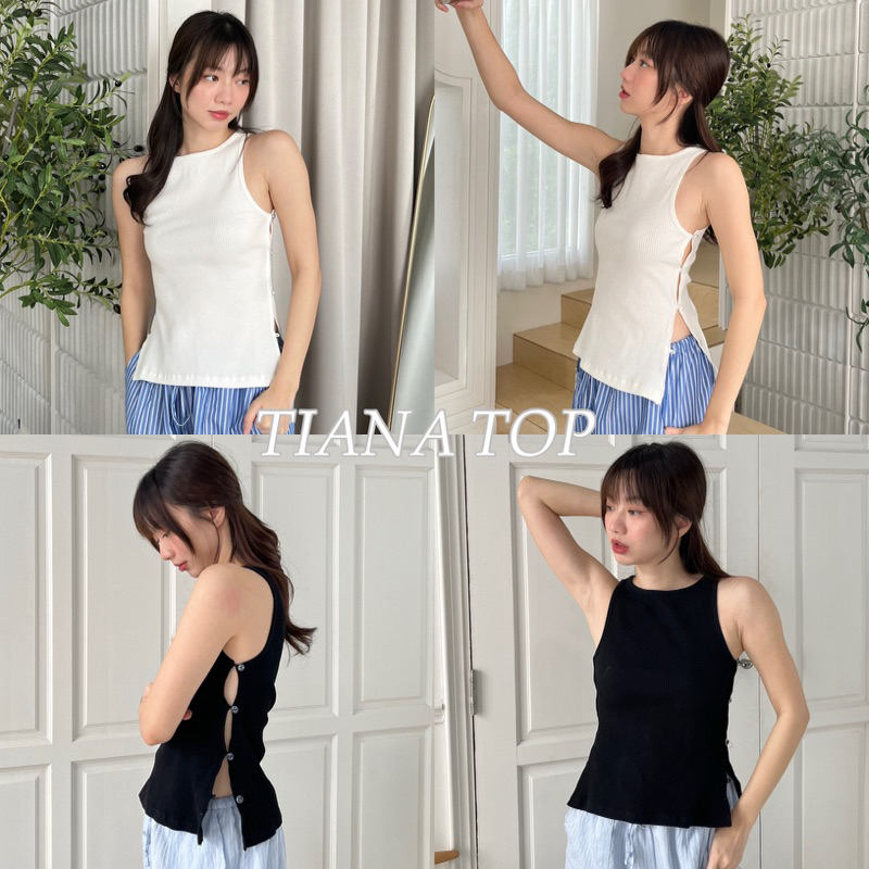 TIANA TOP - เสื้อแขนกุดตัวยาวแหวกข้าง เนื้อผ้าร่อง ดีเทลกระดุมด้านข้าง (Nita.bkk)