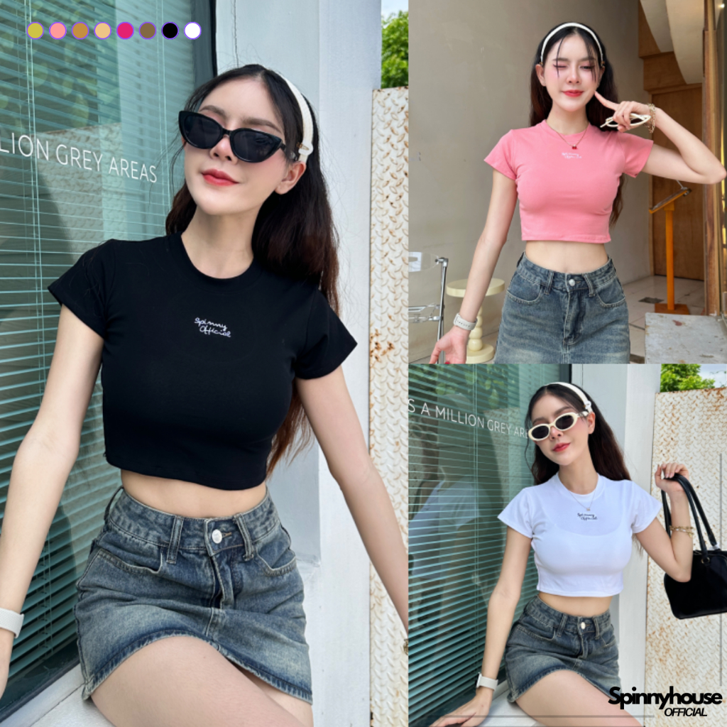 🌈SpinnyHouse🌈ครอปคอกลมแขนสั้น ผ้ายืดยูนิโค่ ทรงเบบี้ที 🌺 ผ้ายืดเยอะสาวอวบใส่ได้ รุ่น ครอปAngel B-008