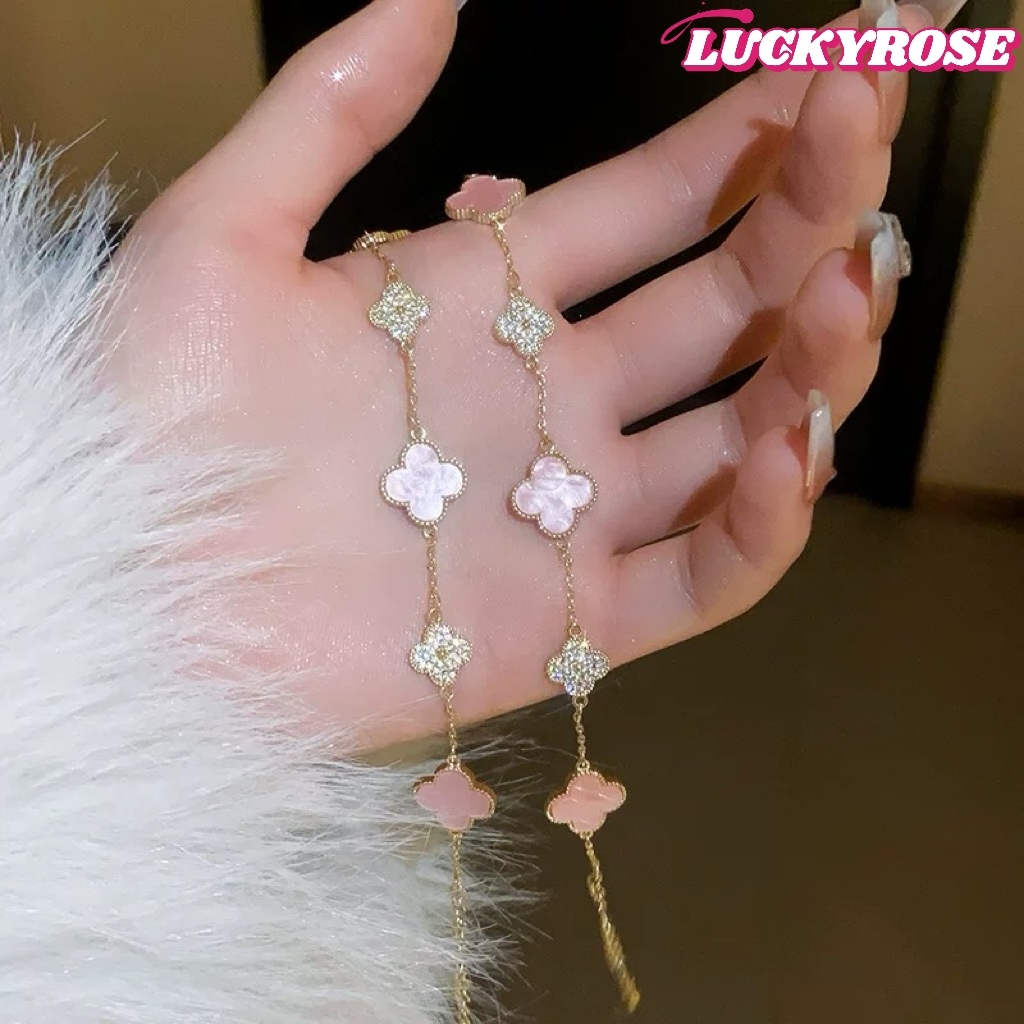 สร้อยข้อมือ ประดับเพทาย รูปดอกซากุระ สีชมพู สี่แฉก หรูหรา เครื่องประดับ สําหรับผู้หญิง