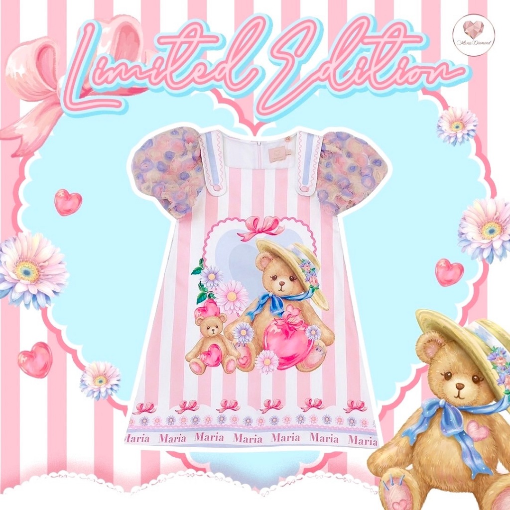 (Limited มี 3XL) Nob Po Dress เดรสสั้นทรงปล่อยสีชมพู ลายทางยาว คอเหลี่ยมดีเทลสายเอี๊ยม แขนตุ๊กตาดอกไ