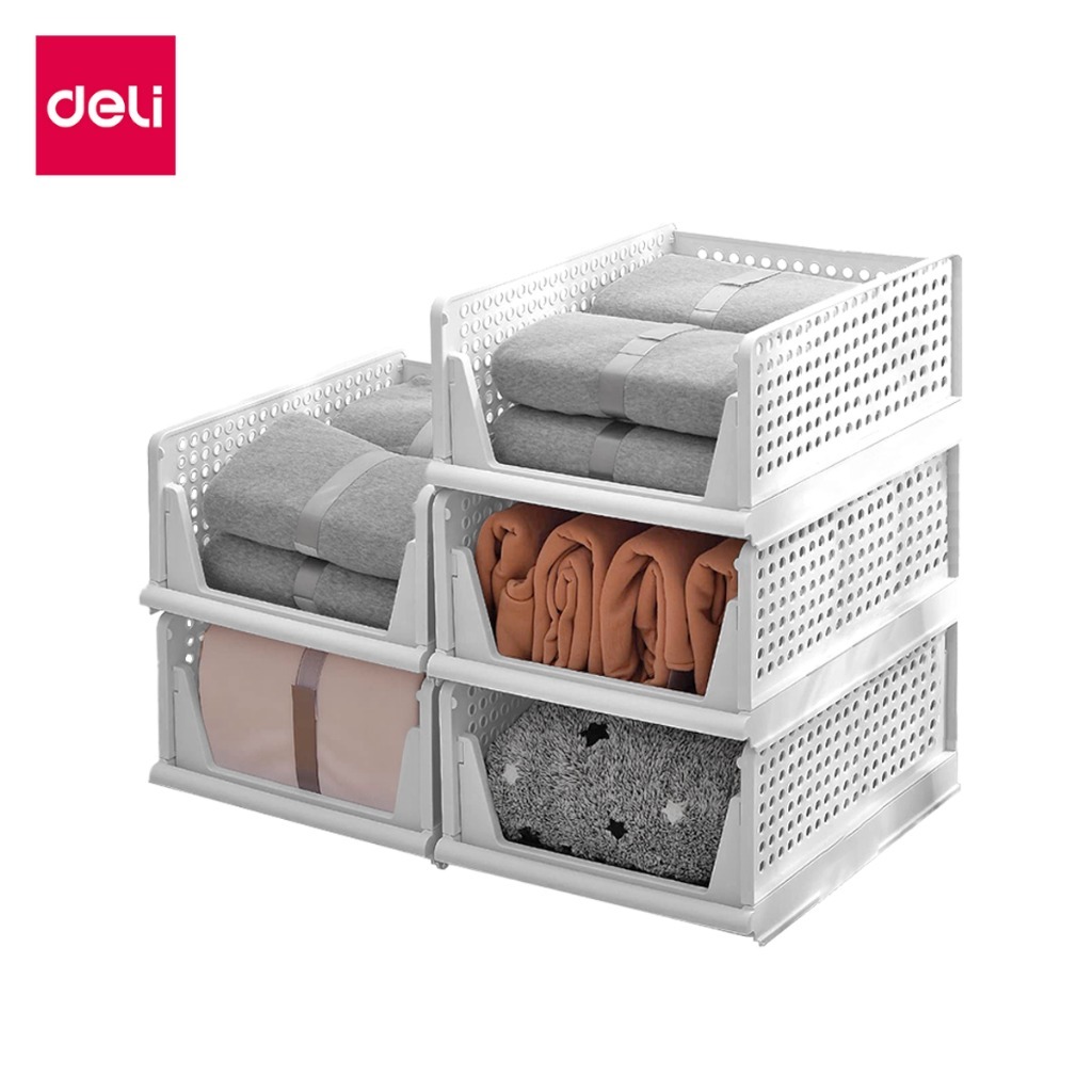 Deli ชั้นวางเสื้อผ้า ชั้นเก็บของแบบลิ้นชัก ที่เก็บเสื้อผ้าแบบเลื่อนได้ วางซ้อนได้หลายชั้น พับเก็บได้