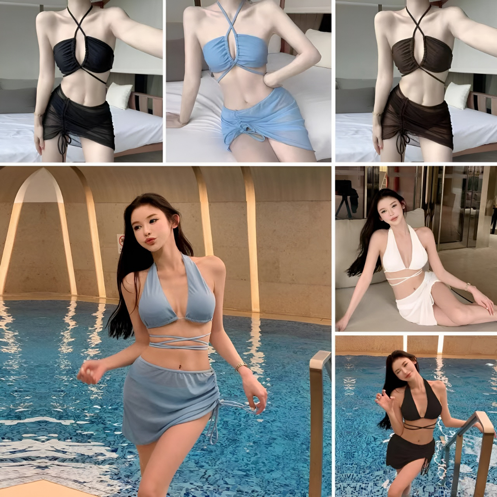 Swift Bra ชุดว่ายน้ำผู้หญิงสไตล์เกาหลี ชุดบิกินี่ 3 ชิ้น ไม่มีสาย เชือกผูกยาวผ้าเนื้อดี ใส่ได้ 2แบบ