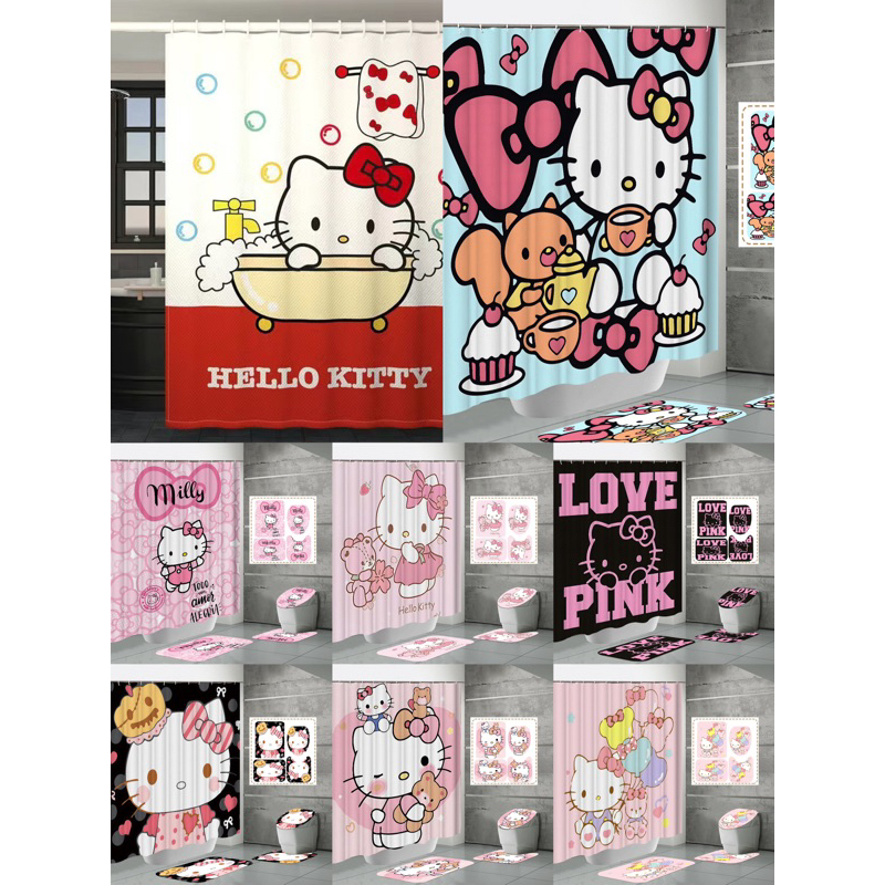 new 🆕 ผ้าม่านอาบน้ํา ผ้าโพลีเอสเตอร์ กันน้ํา ลายการ์ตูน Hello Kitty พร้อมตะขอ12ตะขอ สําหรับตกแต่งห้องน้ํา ผ้าม่านห้องน้ำ