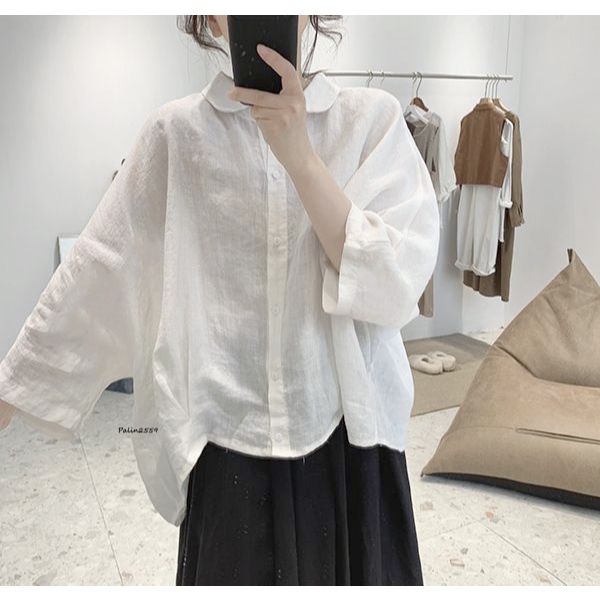 S398 - เสื้อผ้าฝ้ายคอบัว กระดุมผ่าหน้า โอเวอร์ไซส์