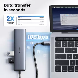 Ugreen ตัวแปลง USB HUB 6in1 C Male เป็น USBA 3.2/2.0 และ USB-C พร้อมพอร์ตชาร์จและ Gigabit รุ่น 45320