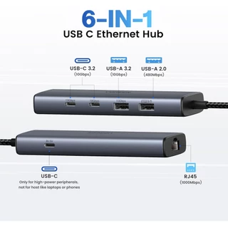 Ugreen ตัวแปลง USB HUB 6in1 C Male เป็น USBA 3.2/2.0 และ USB-C พร้อมพอร์ตชาร์จและ Gigabit รุ่น 45320