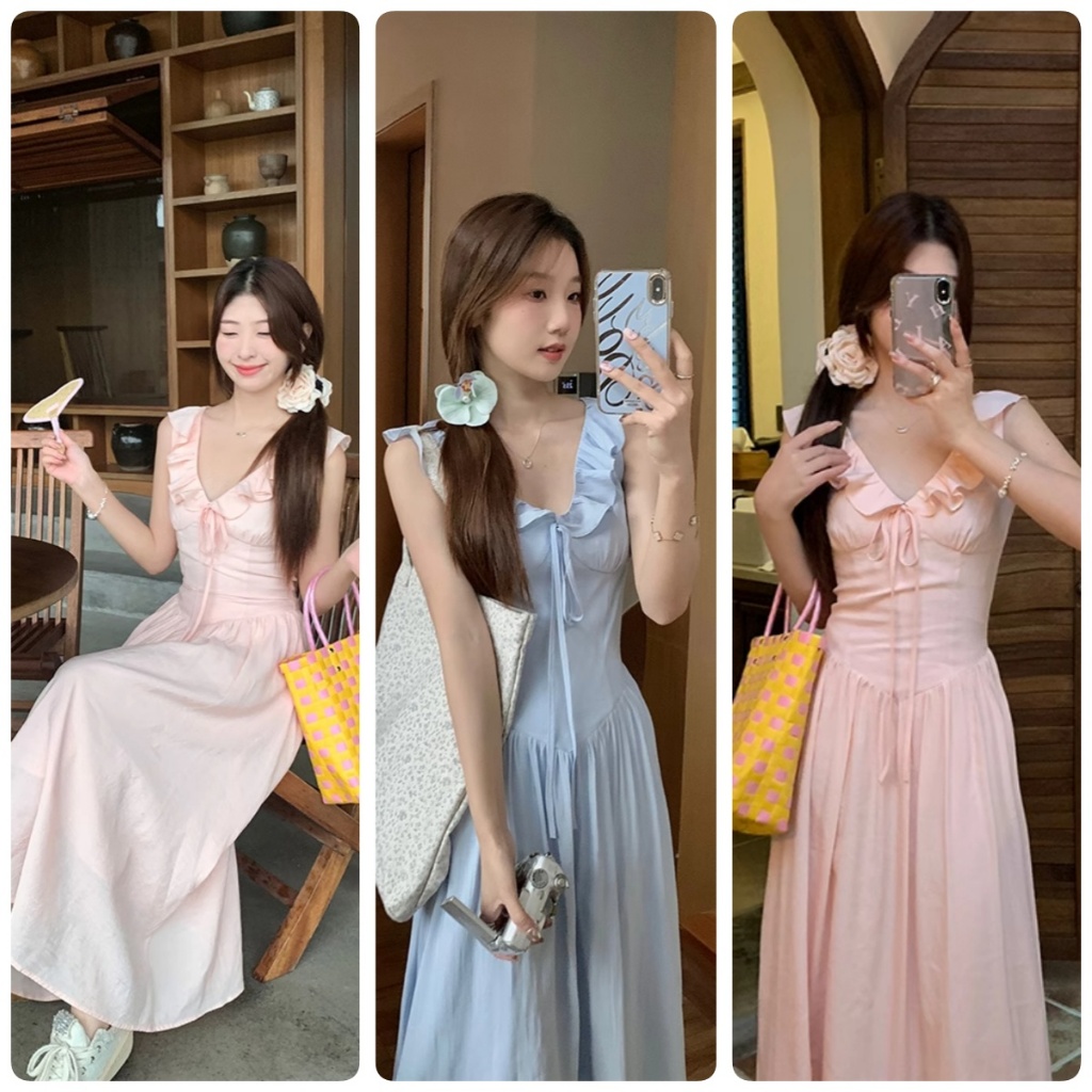 Beryl ชุดเดรสนัวเนียคอวีสไตล์อ่อนโยนสำหรับผู้หญิงชุดเดรสยาวเอวกระชับสัดส่วนในช่วงฤดูร้อน