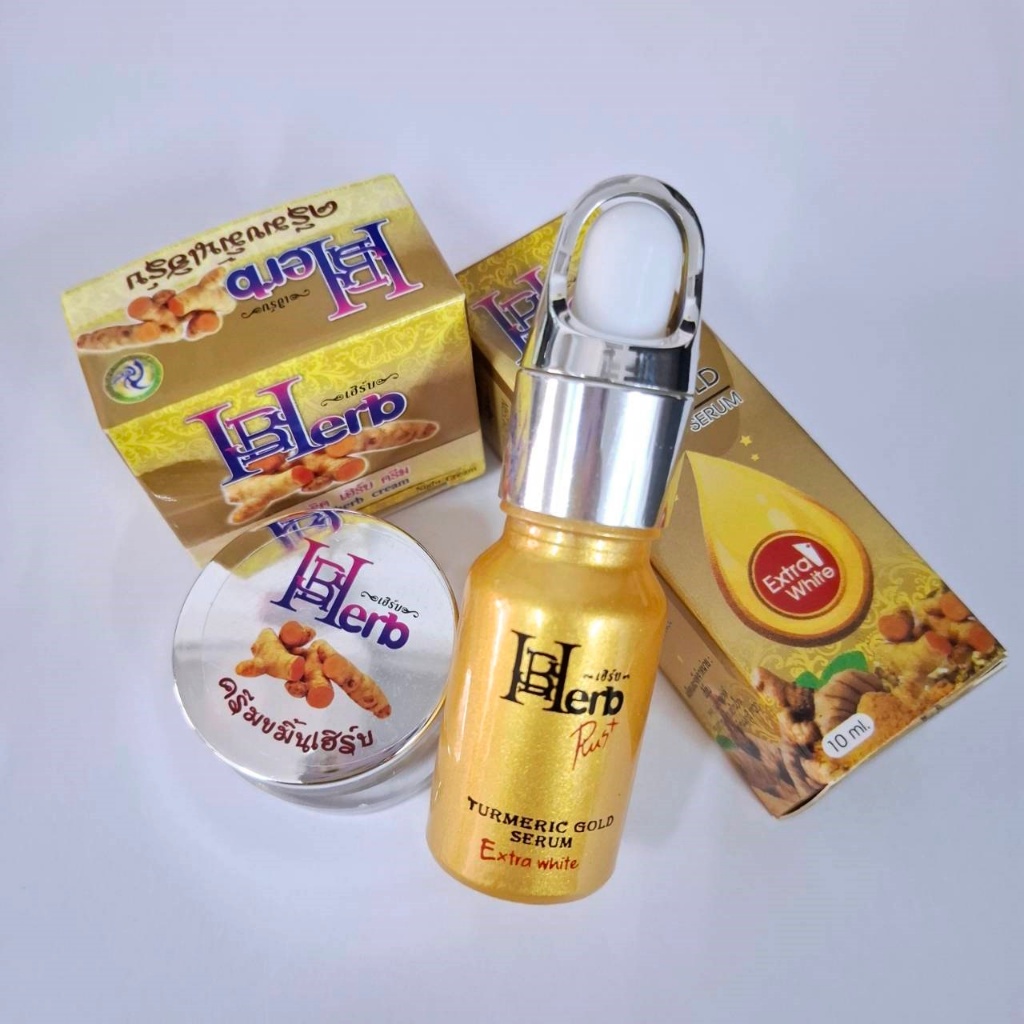 HERBAL TURMERIC สูตรดั้งเดิม ครีมขมิ้น ขมิ้นเฮอร์เบิล CREAM 5 กรัม & เซรั่มขมิ้นทองคำ SERUM 10 มล.