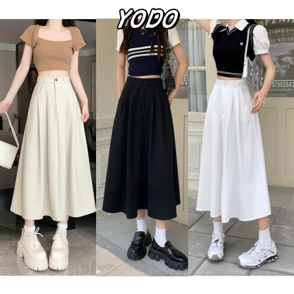 YODO(2009)กระโปรงมิติพลีท ดำ ขาว เบจ เอวยางยืดหยุ่นS-XL เอวสูงทรงเอ ปลายบัวบาน สไตล์เกาหลี