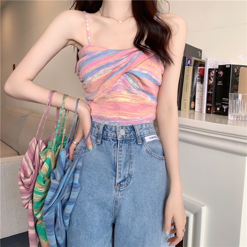 SGH0231 เสื้อไหมพรม สายเดี่ยวลายทาง สีเรนโบว์ทูโทน ม้วนหน้าอก สีสันสดใสทรงสวย เซ็กซี่ สไตล์เกาหลี