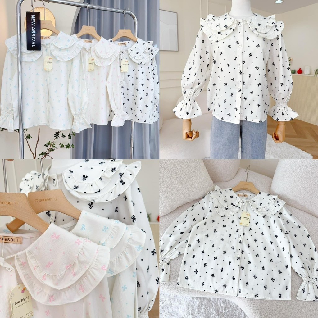 ป้าย Sherbet เสื้อเชิ้ตแขนยาวปกบัวใหญ่ระบาย 2 ชั้น อก 40 นิ้ว