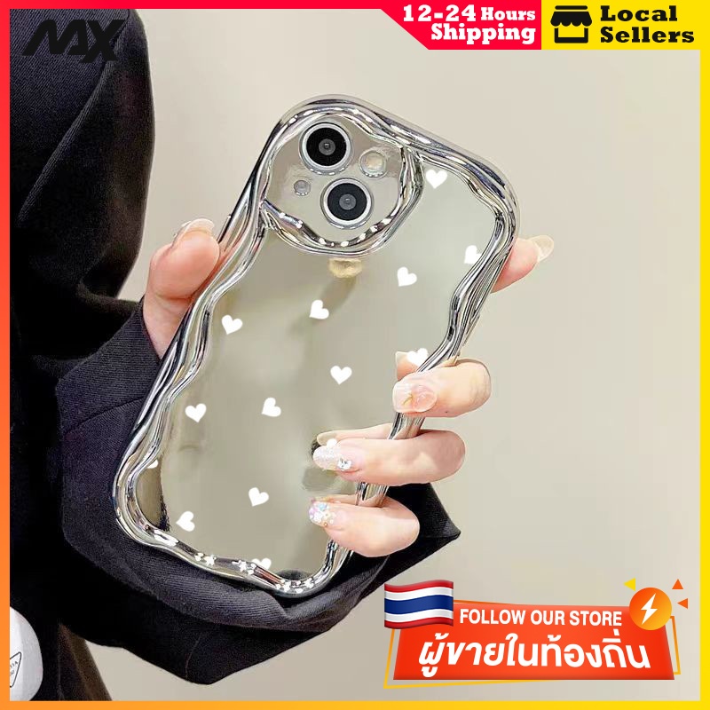 ป้องกันการชนกัน กระจก กรณีโทรศัพท์กระจกสีเงิน สไตล์เย็น iPhone 11 12 13 14 15 Pro Max XR XS X 7 8 Plus หัวใจรักสีขาว