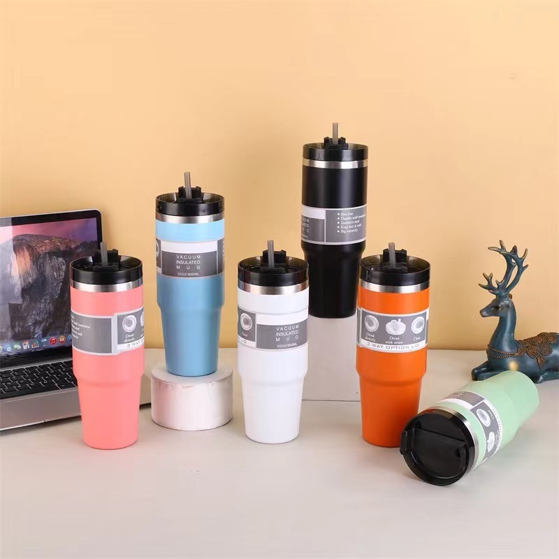 แก้วน้ำสแตนเลส30oz 890ml. แก้วน้ำเยติ แก้วน้ำ เก็บความเย็นได้ดี สีพื้น แถมฟรีหลอด
