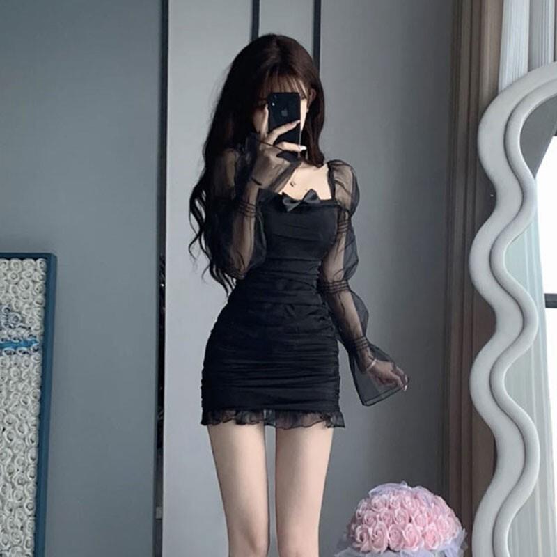 S-XL สีดำเวอร์ชั่นเกาหลีตาข่ายบางพอดีแขนยาวมุมมองสแควร์คอโบว์เซ็กซี่แฟชั่นปาร์ตี้ใหม่ชุดอาชีพ