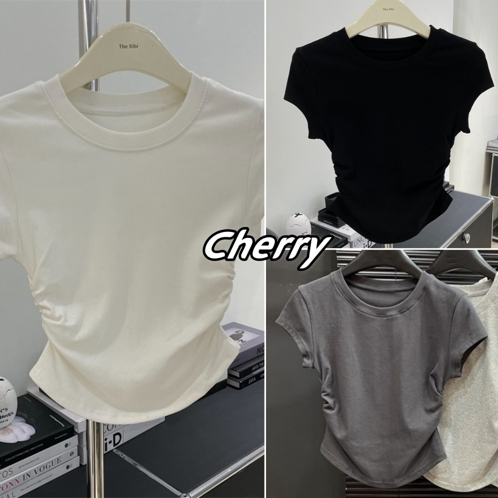cherryshop พร้อมส่ง เสื้อยืดสีขาวผู้หญิง เสื้อยืดคอกลมแฟชั่นย้อนยุคสไตล์การแต่งตัวสไตล์ดาวน์ทาวน์ เสื้อน่ารัก