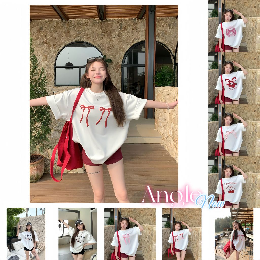 （จัดส่งตลอด 24 ชั่วโมง）Angle Official เสื้อยืดแขนสั้นพิมพ์ลายโบว์สำหรับผู้หญิงเสื้อระดับไฮเอนด์ฤดูร้อนดูดีสุดๆ ins