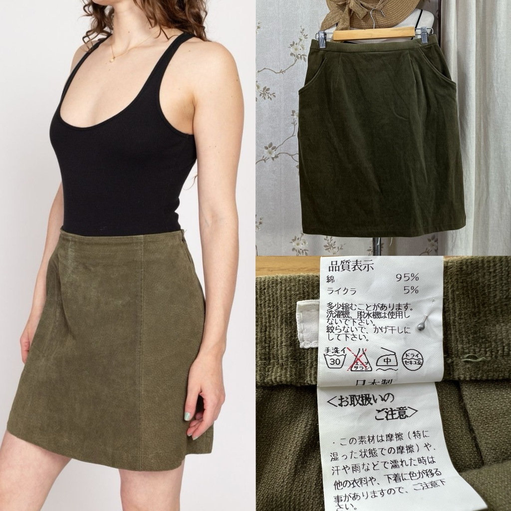 (C639) Vim-Up ไซส์ L กระโปรงผ้าลูกฟูกไซด์ใหญ่สีเขียวขี้ม้าสภาพดีกระเป๋าสองข้างใช้งานได้จริงซิปหลังหล