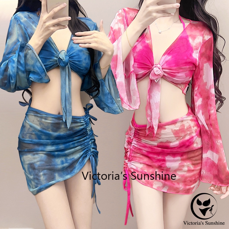 ไลฟ์สดลด50% swimsuit ชุดว่ายน้ำหญิง ชุดว่ายน้ำแขนยาว ผ้าเนื้อดี สไตล์เซ็กซี่ 4 ชิ้น#0234