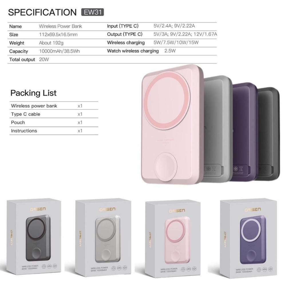 Orsen  EW31 แบตสำรอง 10000mAh ชาร์จไร้สาย PD 20W PowerBank Magnetic Wireless Charge
