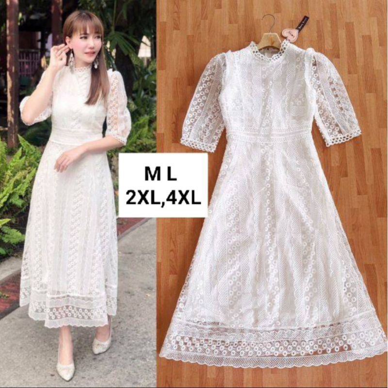ส่งทุกวัน เดรสขาวงานบุญ!!! M-4XL Maxi Dress เดรสลูกไม้ขาว,เดรสสีขาวผ้าปักลายแขนสามส่วน งานป้าย Love Love