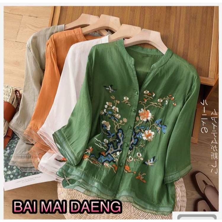 BMD0F3 เสื้อผ้าฝ้ายผสมลินินญี่ปุ่น เสื้อกระดุมหน้า แขนสามส่วน คอจีนวี อกฟรีไฃส์ 30''-44'' แบบสวม งาน