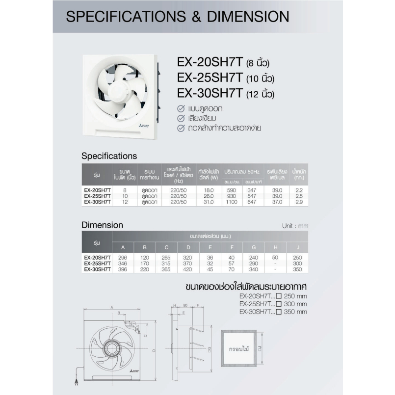 MITSUBISHI พัดลมระบายอากาศติดผนัง ระบบดูดอากาศออก EX-20SH7T, EX-25SH7T, EX-30SH7T - รูปที่ 6