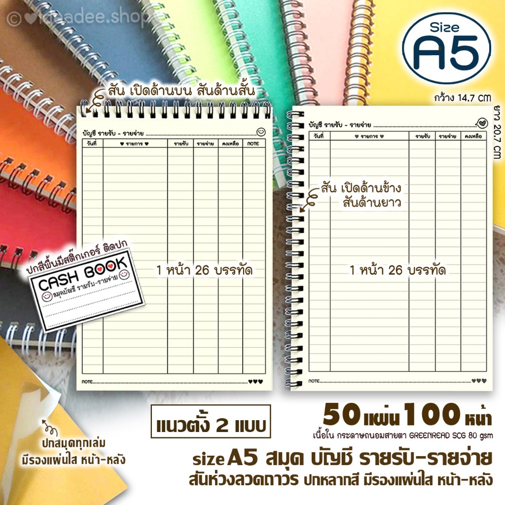 🔢⭕สมุดบัญชี รับ-จ่าย🔺A5(เล่มเล็ก) แนวตั้ง🔺50แผ่น=100หน้า ริมสันห่วง เนื้อใน มี 4 แบบให้เลือก 🌈 ปกหลากสี + มีรองแผ่นใส