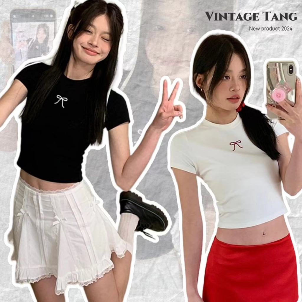 พร้อมส่ง🧀เสื้อยืดผ้าฝ้าย 100% ปักลายโบว์ปักลายโบว์📌2สี คอกลม ทรงเข้ารูป เปิดด้านบนสะดือ หวานน่ารักแฟชั่นฤดูร้อน