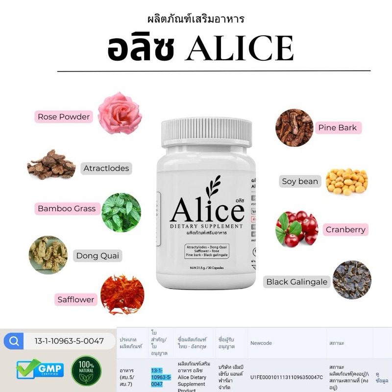 อลิซ ผลิตภัณฑ์เสริมอาหารสำหรับผู้หญิง (ของแท้100%)