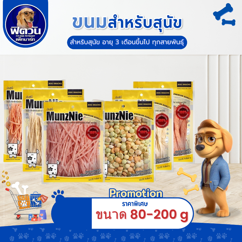 MUNZNIE ขนมสุนัขมันซ์นี่ ปลาเส้นน้องหมา-น้องแมว 80g/ บิสกิตรวมรส สำหรับสุนัข 200g