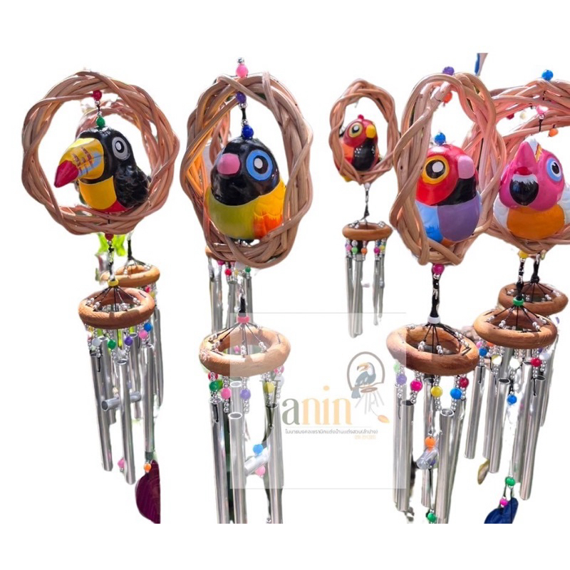 โมบายแขวน นกเซรามิก แขวนนห่วงเถาวรไม้ โมบาย5แท่ง