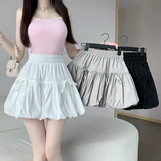 STR พร้อมส่ง🍭กระโปรงสั้นผู้หญิง🍭เอวสม๊อคเเต่งโบว์ ทรงพองๆ กร…