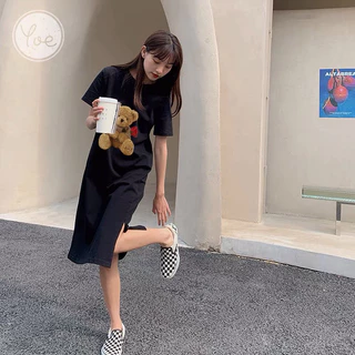 เดรสยาว เดรสคลุมท้องลายน้องหมี ดีเทลแหวกข้างตรงชายกระโปรง เนื้อผ้าใส่สบาย ไซร์เล็ก/ไซร์ใหญ่ก็ใส่ได้