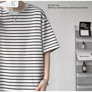 CLIFF -COD✅เสื้อยืดผู้ชาย แขนสั้นลายทาง เสื้อคอกลม เสื้อผ้าผู้หญิง ชุดคู่รัก แบบหลวม แมทช์ลุคง่าย