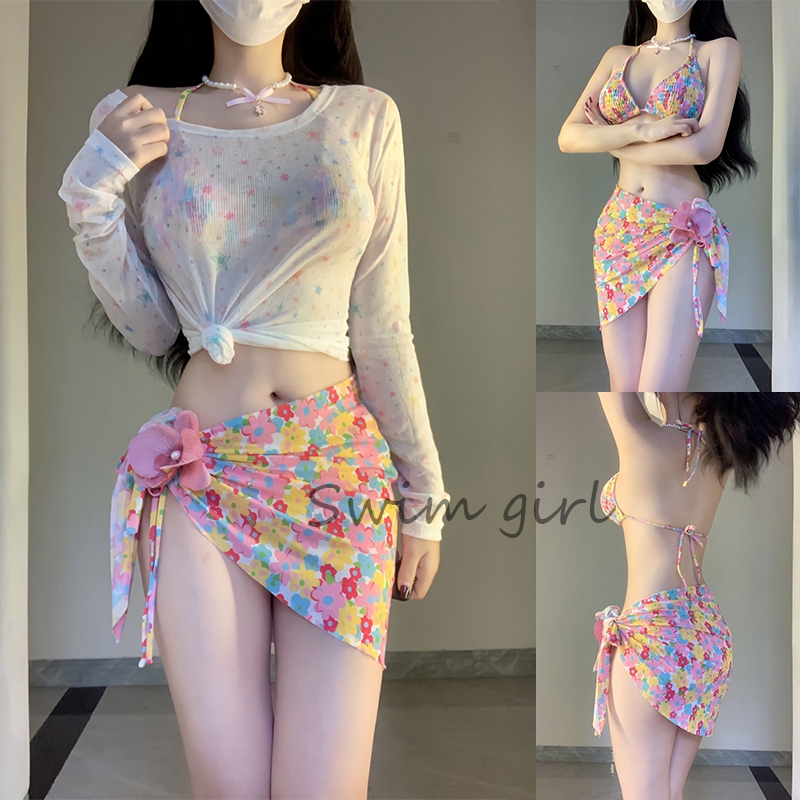 swim girlชุดว่ายน้ําลายดอกไม้ บิกินี่ bikini ทูพีช เหมาะสำหรับสาวเซ็กซี่ ผ้าอัดพลีทเกรดพรีเมี่ยม#0144