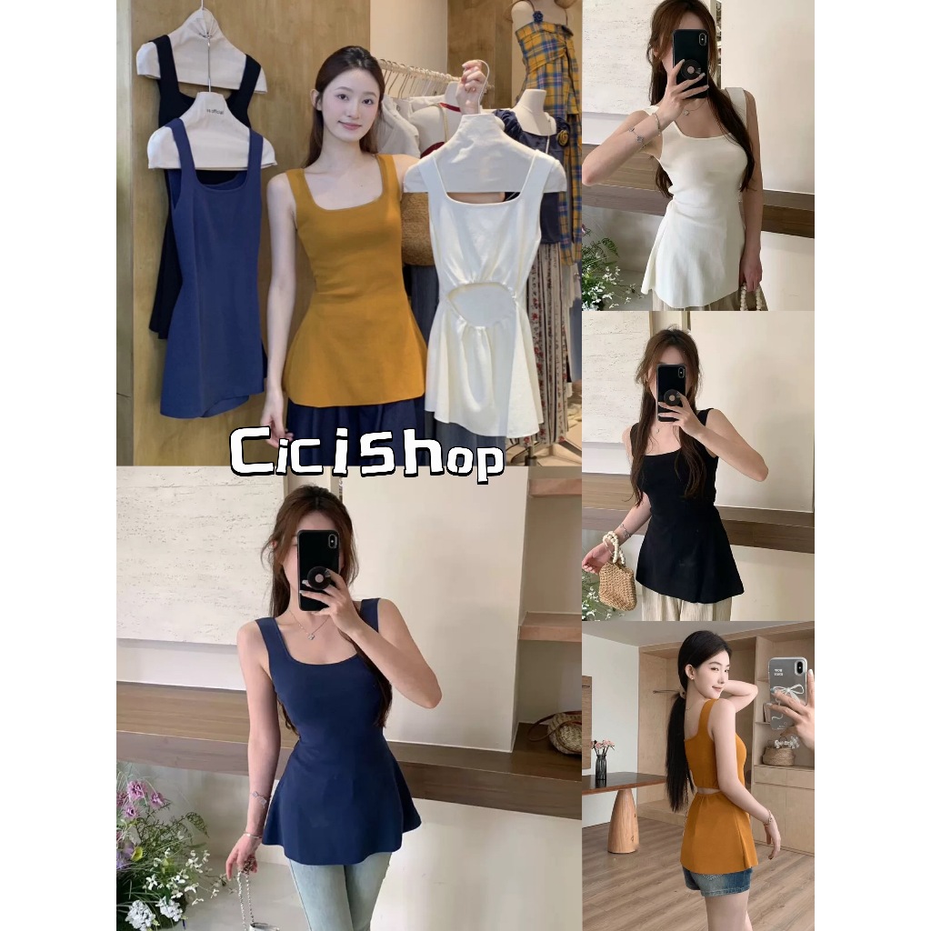 Cicishop (E407/Z32) สายเดี่ยวไหมพรมสีพื้น เข้ารูป ชายบาน สม็อคเว้าหลัง ทรงสวย