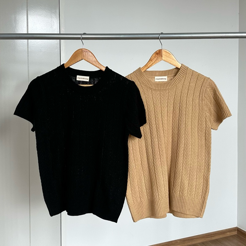 Anna knit คอกลม ก้างปลา แขนสั้น เสื้อไหมพรม ผ้าไม่หนา เสื้อใส่ทำงาน